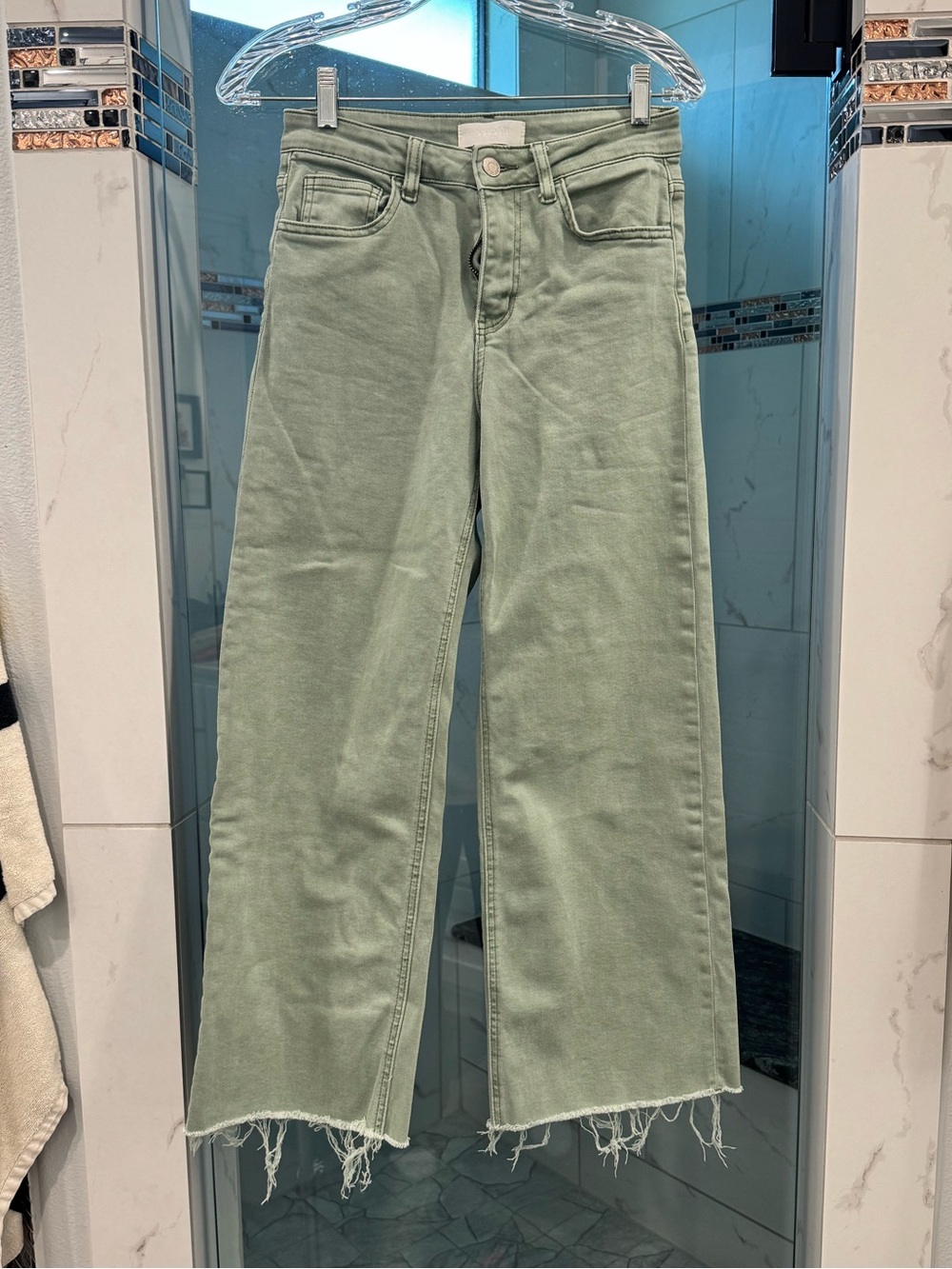 High-Rise Sage Green Wide-Leg Jeans with Raw Hem